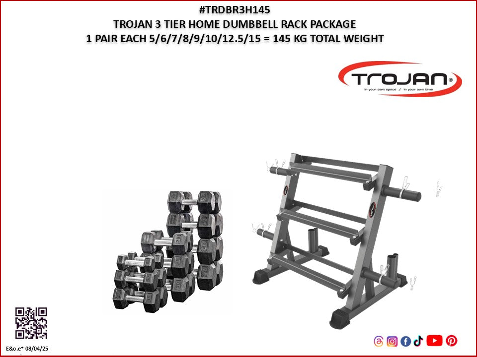 Dumbbell Rack 3 Tiers + 145 Kg Rubber Hex D/Bells
